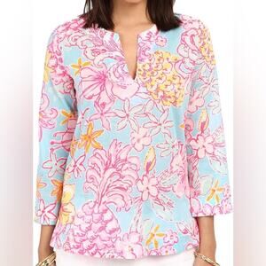 5/$30 Lilly Pulitzer Women's Amelia Island Blouse Tunic Break Water Blue Lolita